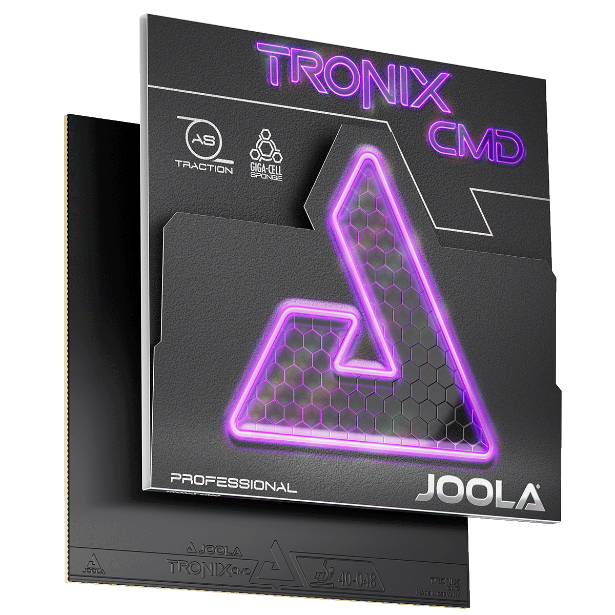 Black JOOLA TRONIX CMD table tennis rubber packaging with glowing violet logo.