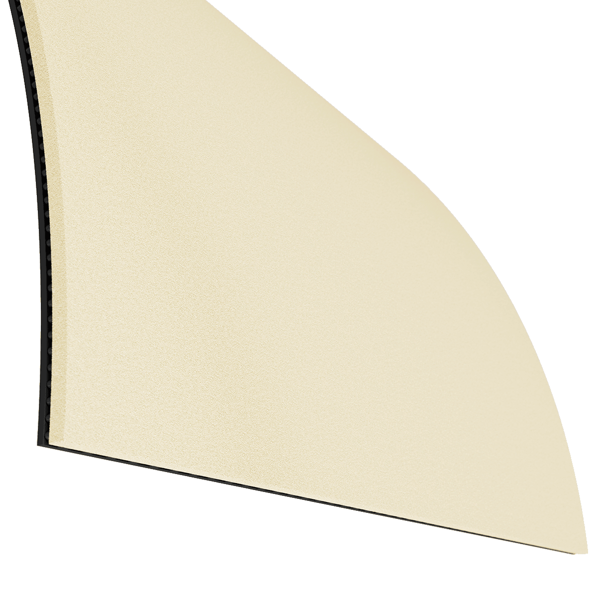 Close-up of a cream-coloured, curved foam mat with a black underside.