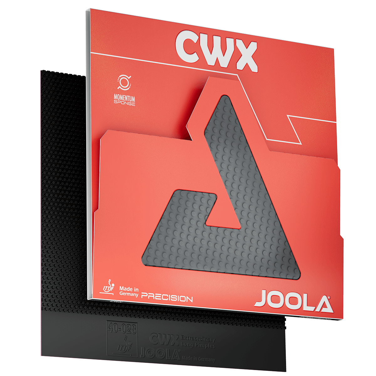 Product image of a JOOLA CWX table tennis rubber in black with red packaging and a window showing the pimple structure.