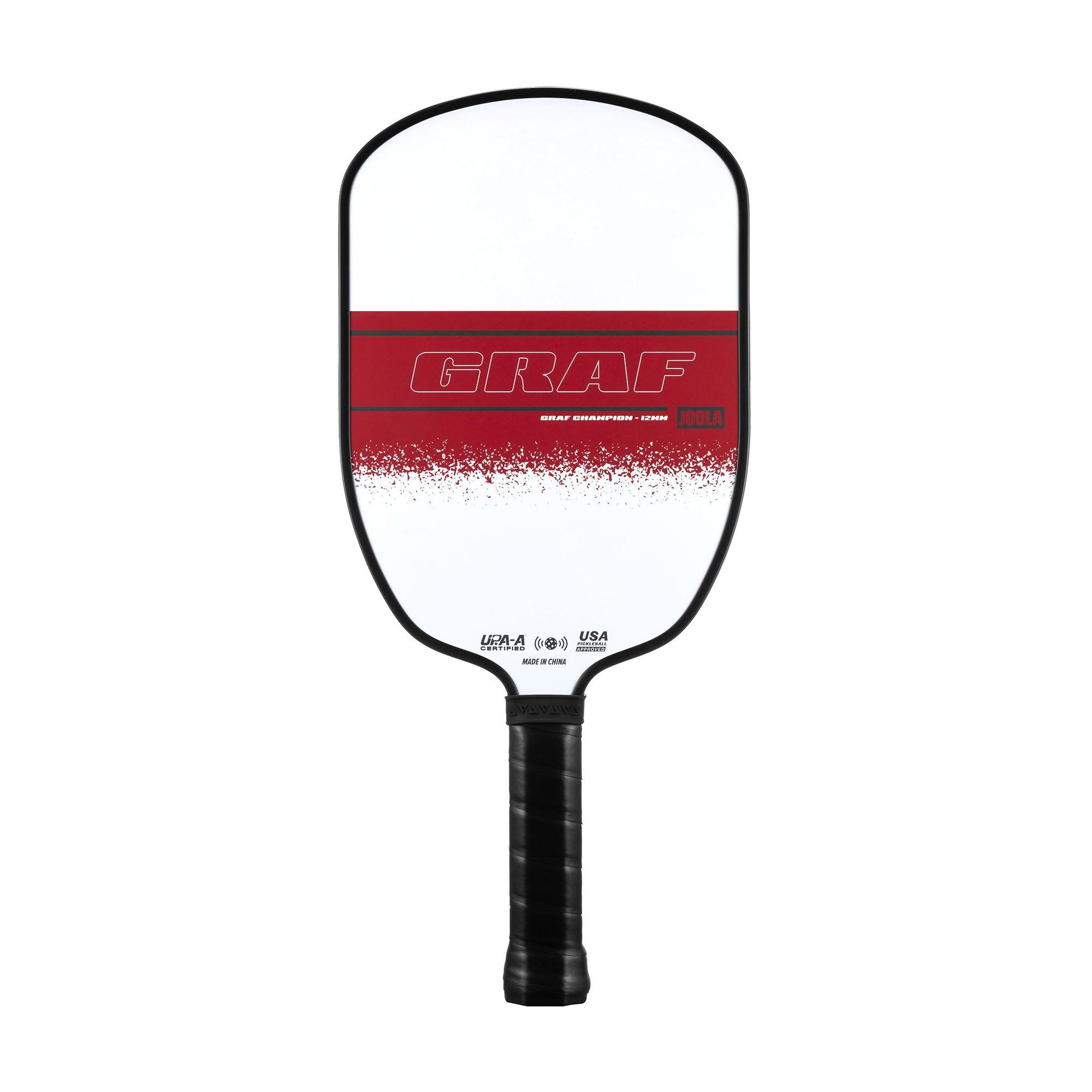 Pickleball bat with white blade and red lettering "GRAF".