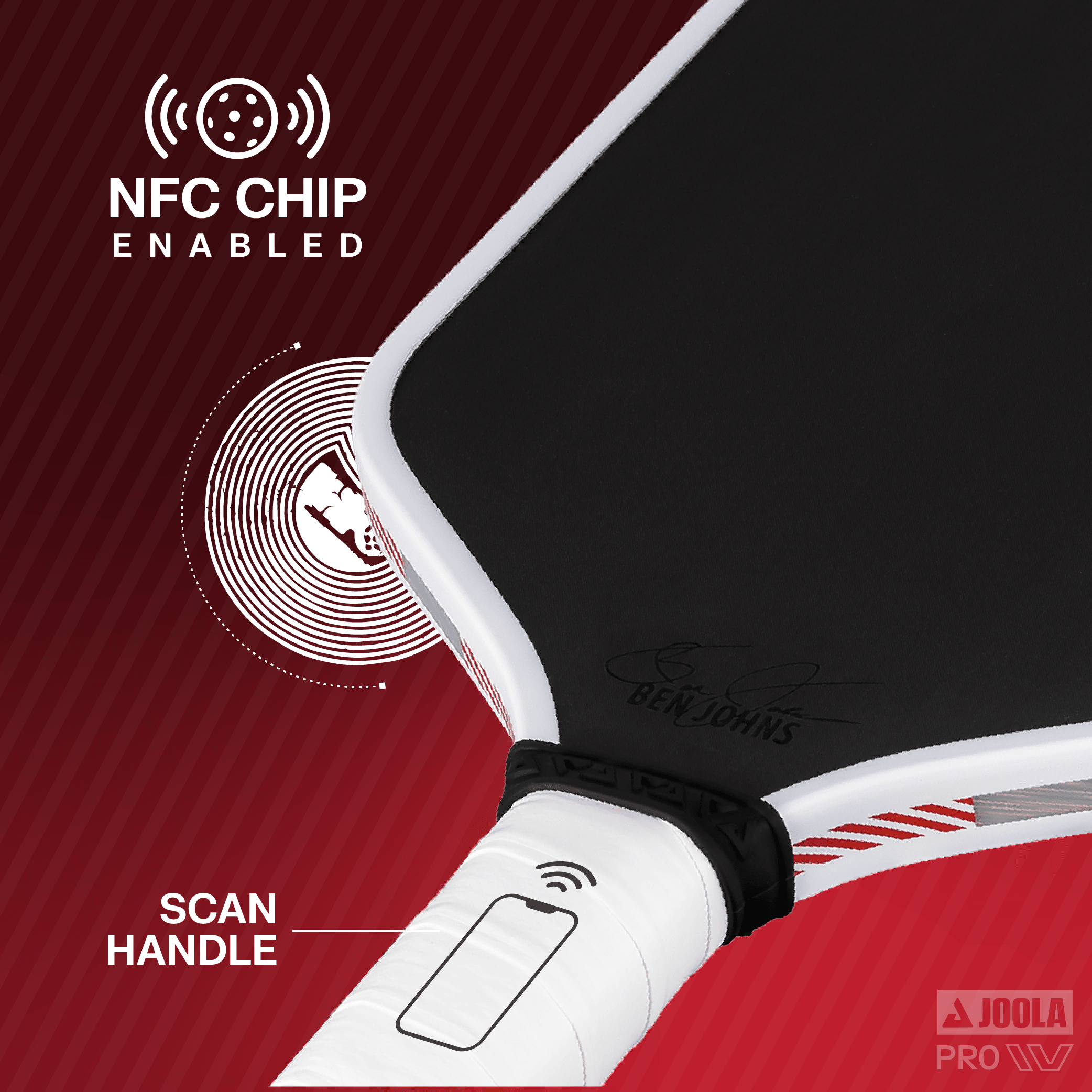 Close-up of a table tennis bat with a white handle, black hitting surface, and NFC chip feature, indicated by a symbol and "Scan Handle".