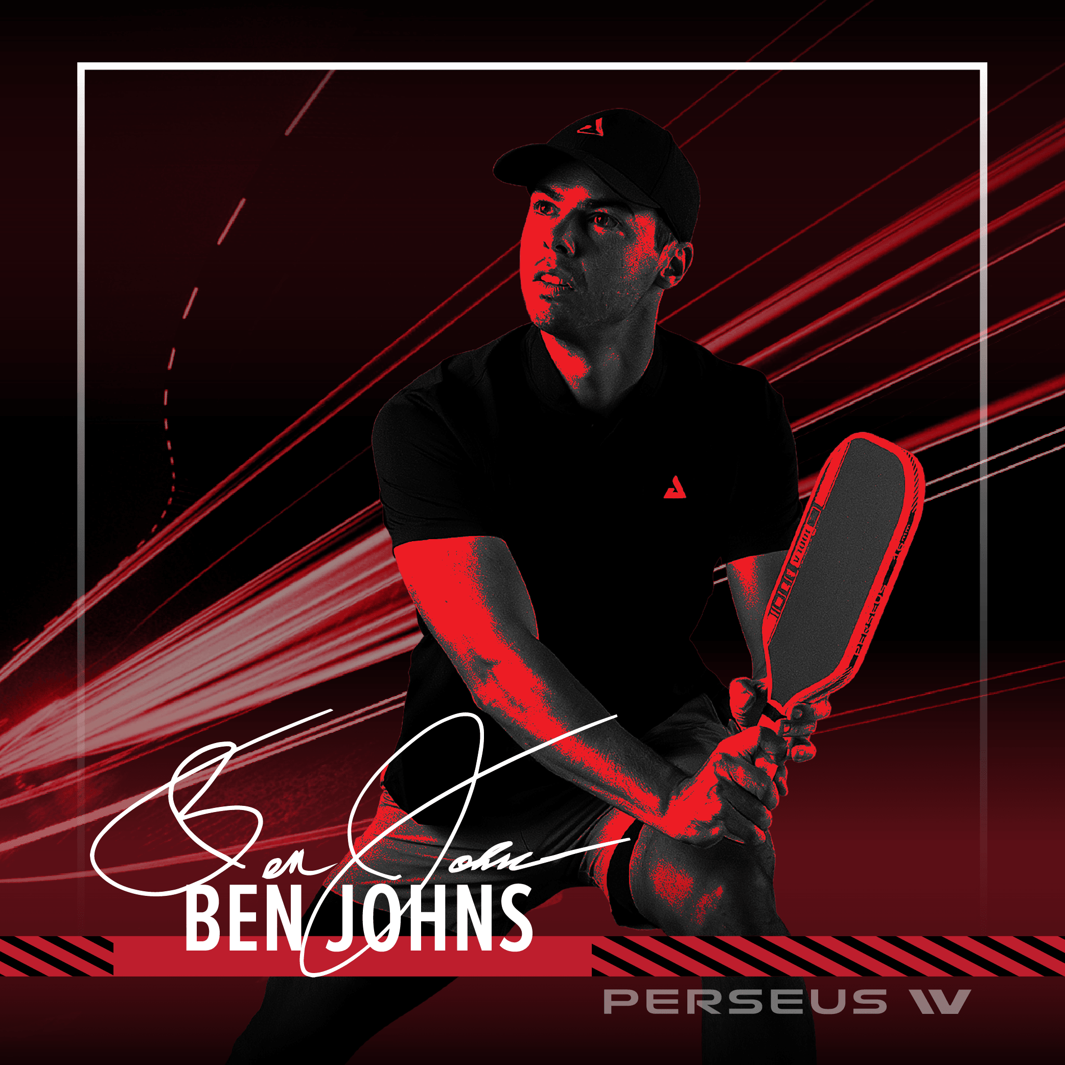 Portrait of a man in sports clothing and baseball cap holding a Pickleball bat, against red and black background with "Ben Johns" and "Perseus W".