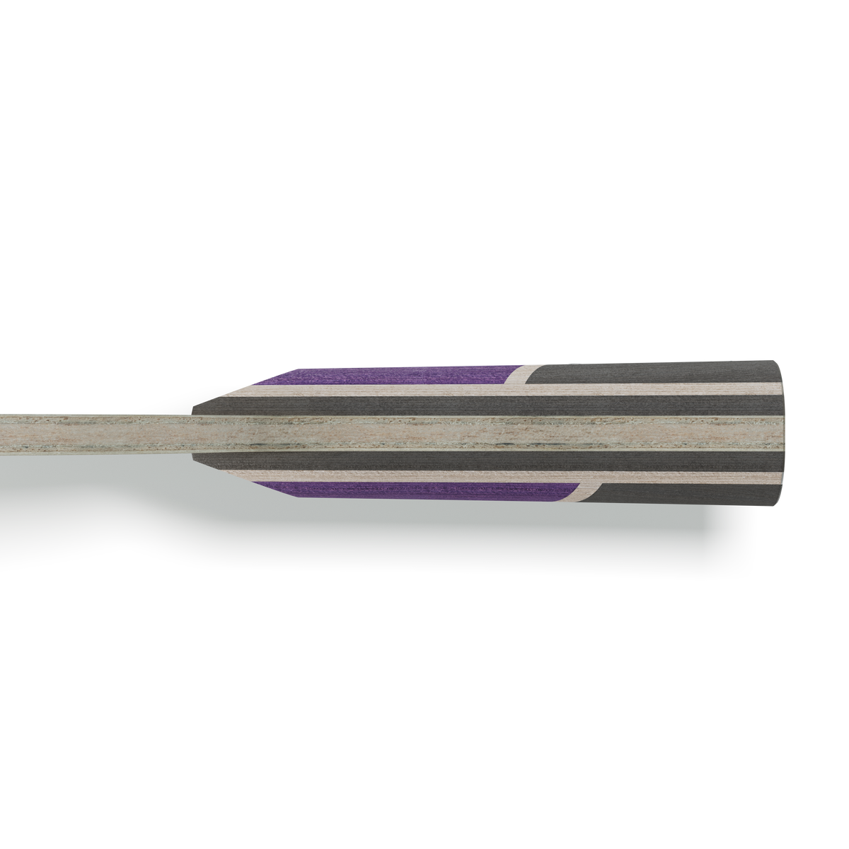 Side view of a skateboard deck with multi-layered wood and purple-black design.