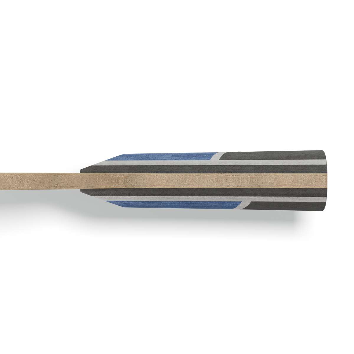 Close-up side view of a table tennis bat with a blue-grey handle and light brown wooden blade.