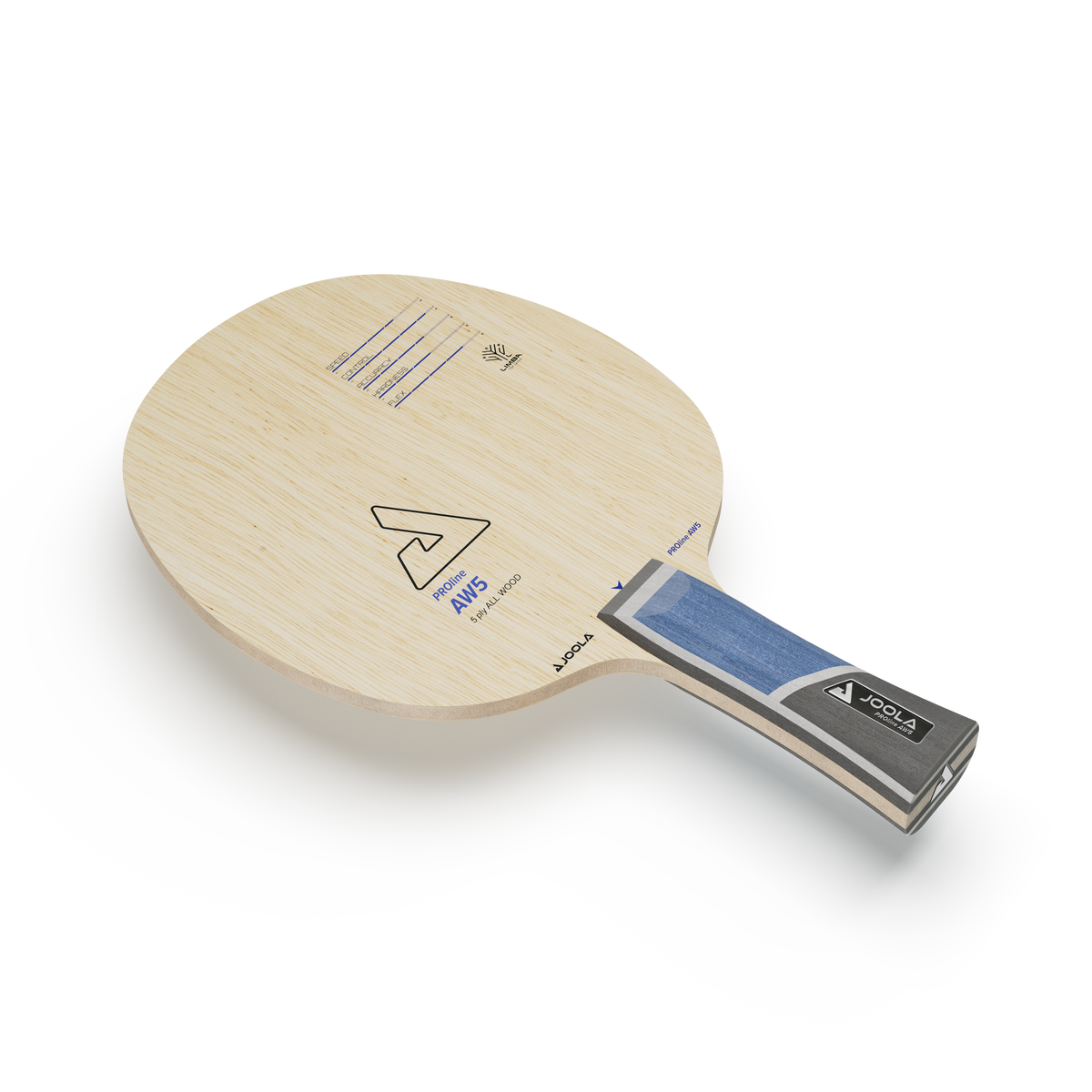 Table tennis bat JOOLA Proline AW5, 5-ply blade, natural wood handle with blue and grey accents, without rubbers.