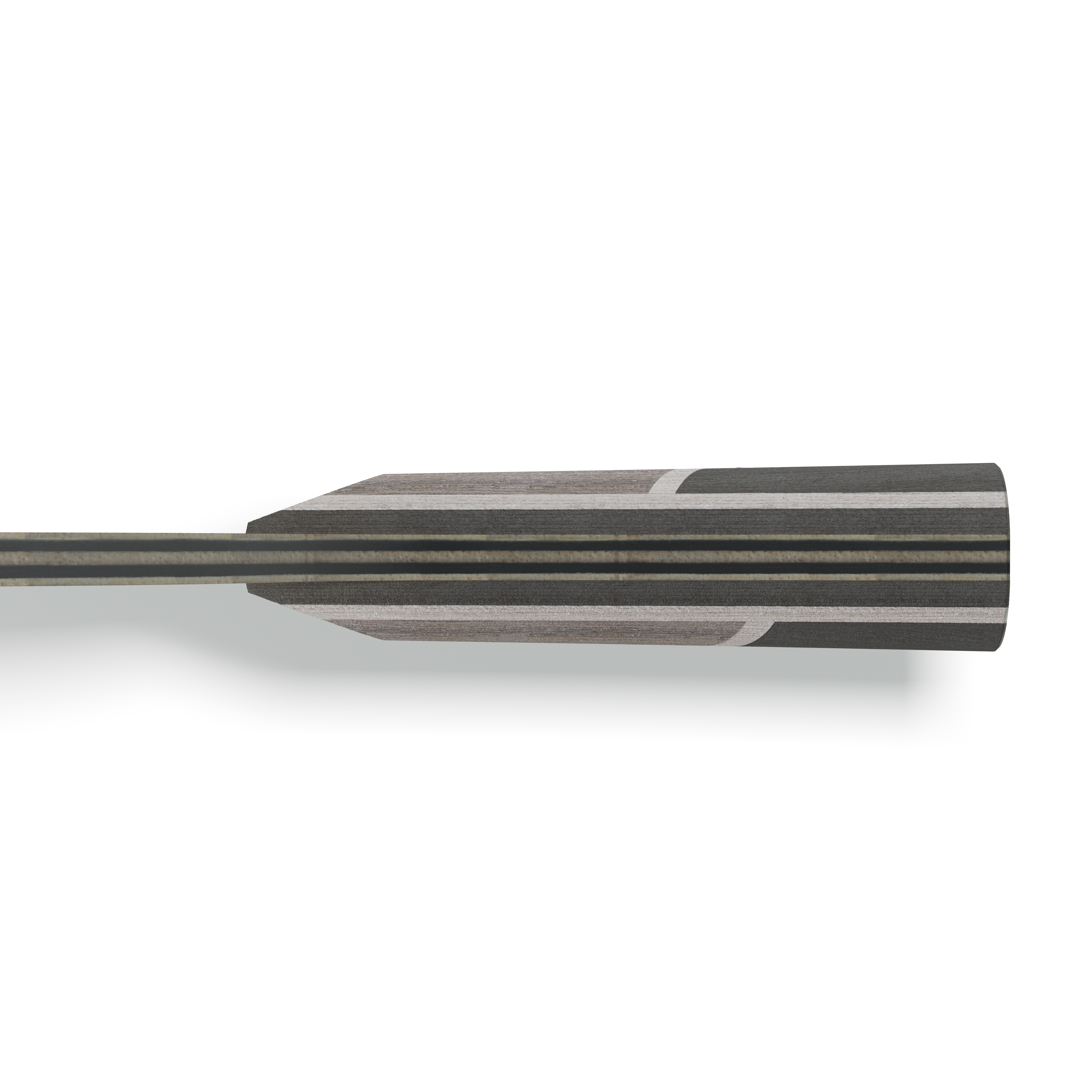 Black and grey wooden handle of a kitchen knife with multi-layered handle construction, side view.