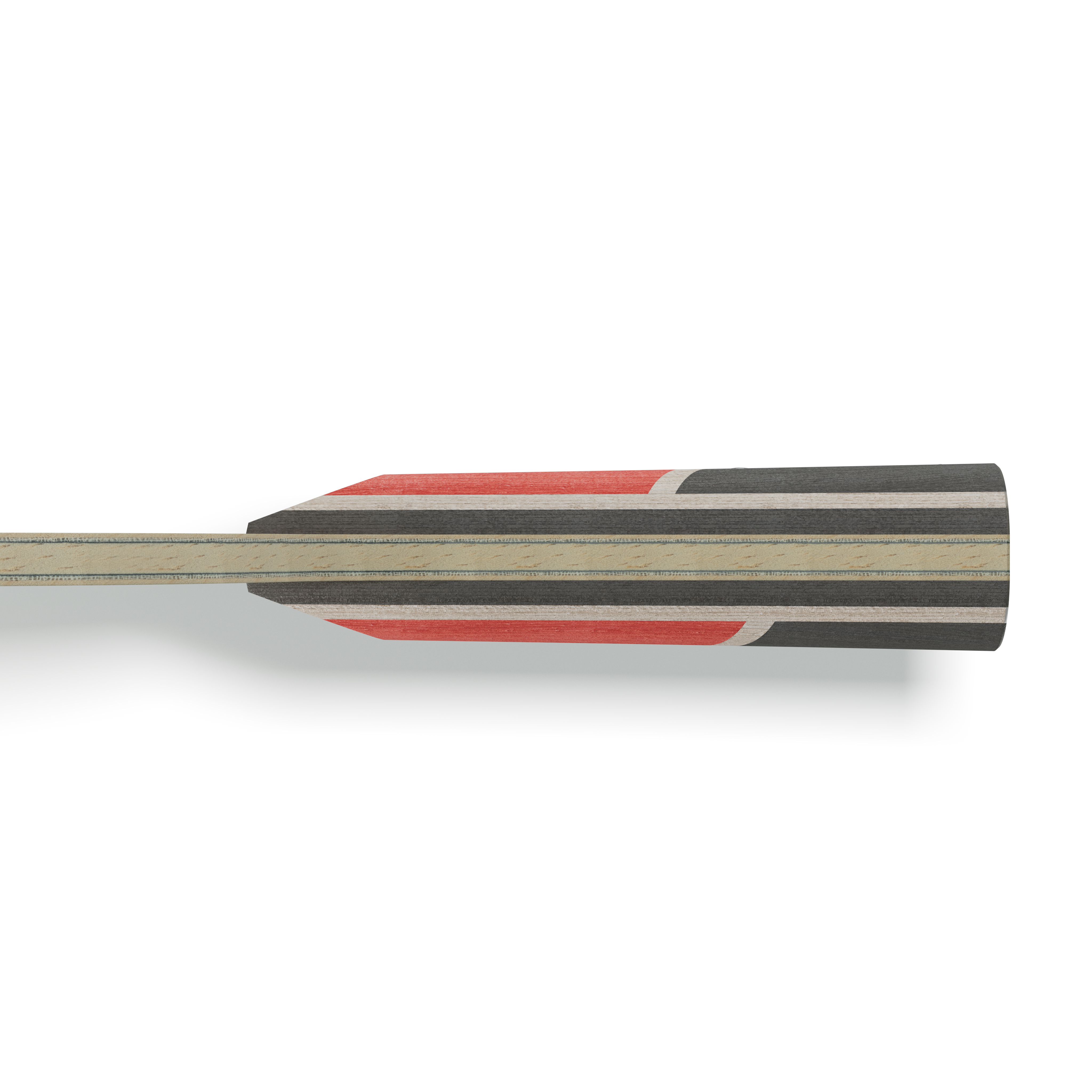 Side view of a table tennis bat with a multi-layered wooden handle in black, red, and natural colours.