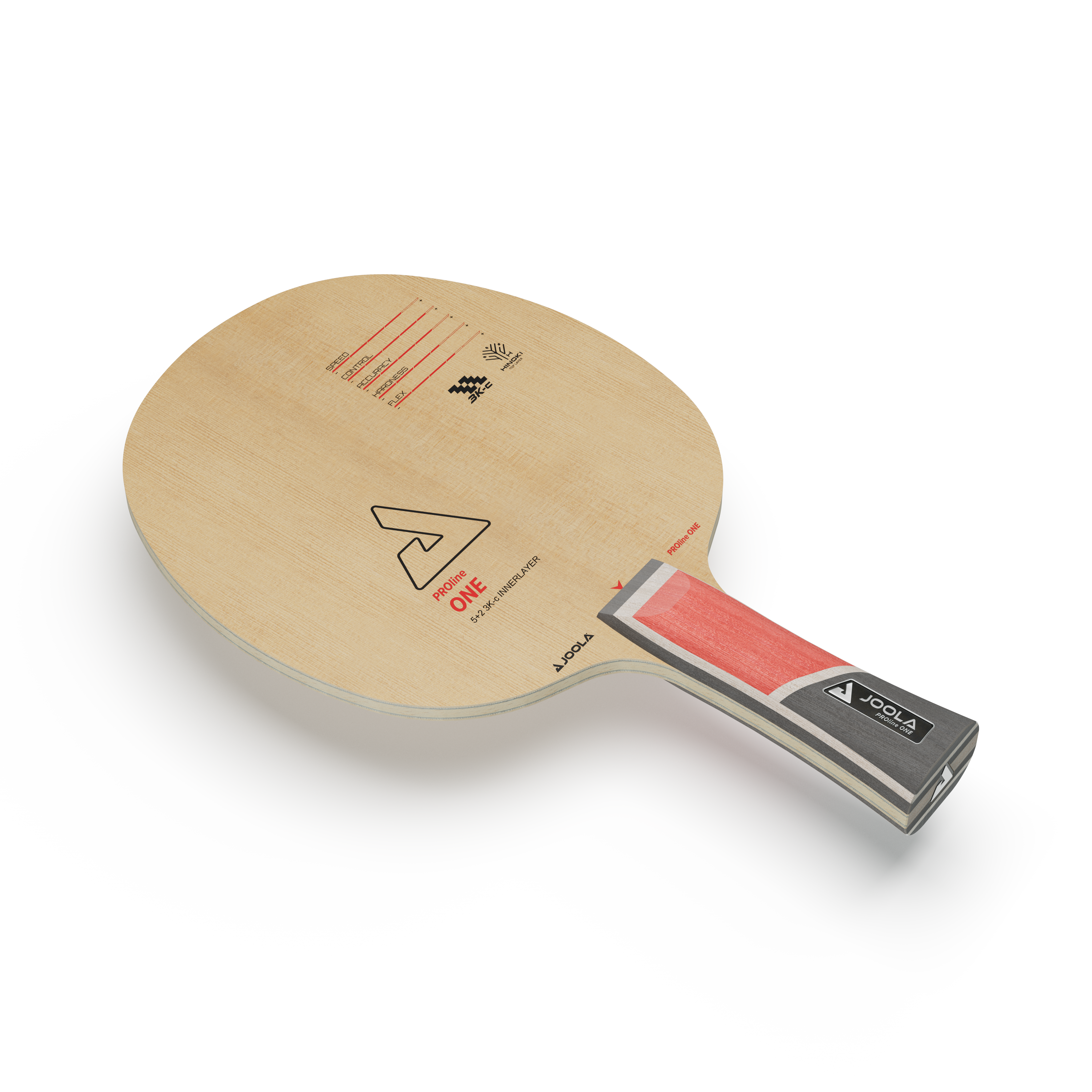 Table tennis bat JOOLA ProLine ONE with wooden handle and 5+2 K-C innerlayer, natural-coloured hitting surface.
