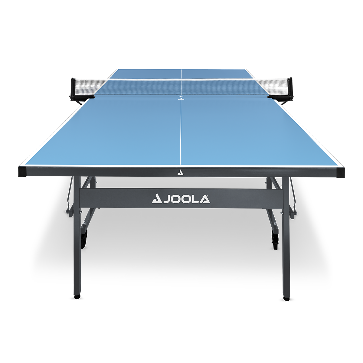 Blue JOOLA table tennis table, front view, with net and sturdy black legs.