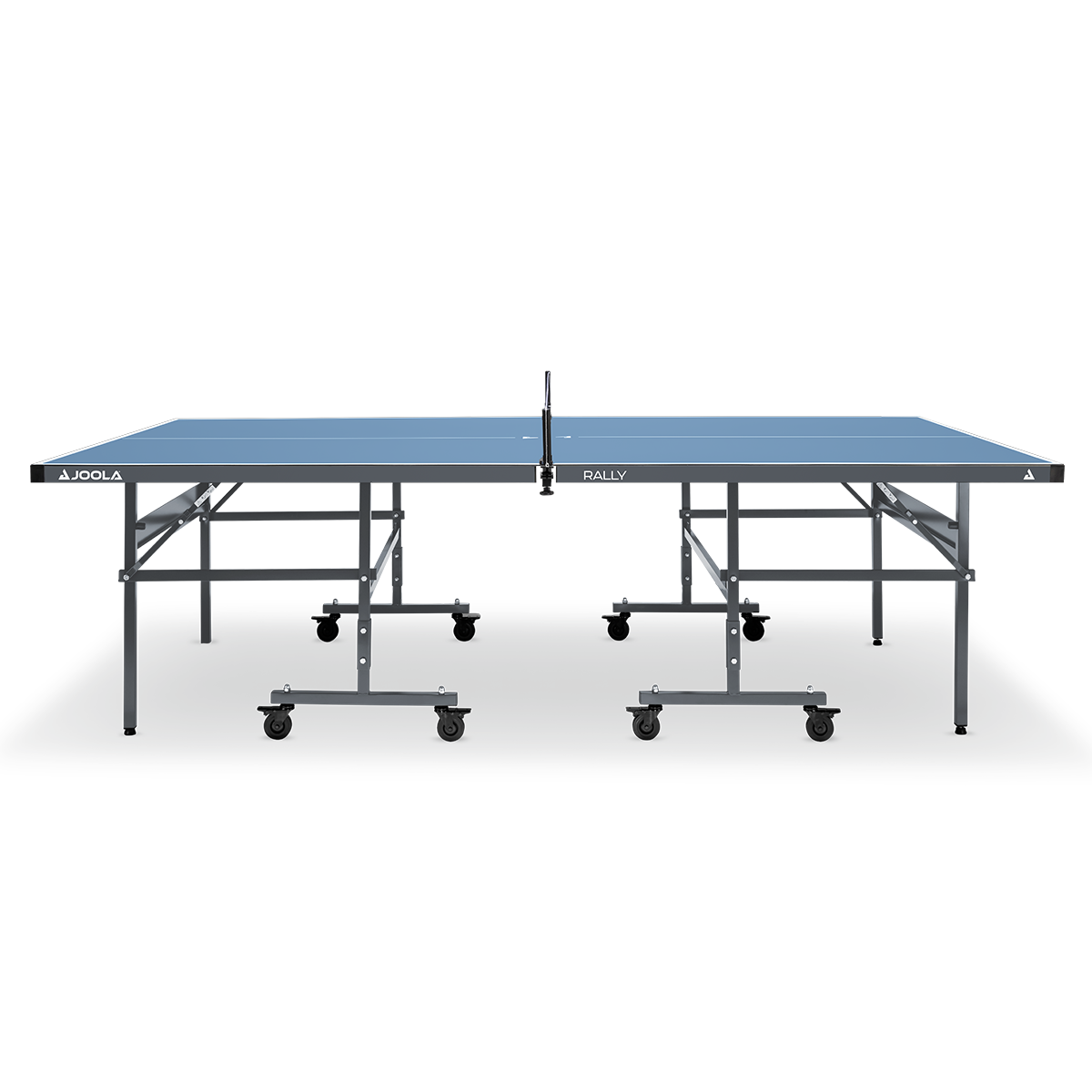 Blue table tennis table by JOOLA with net, on foldable metal legs and wheels for easy transport.