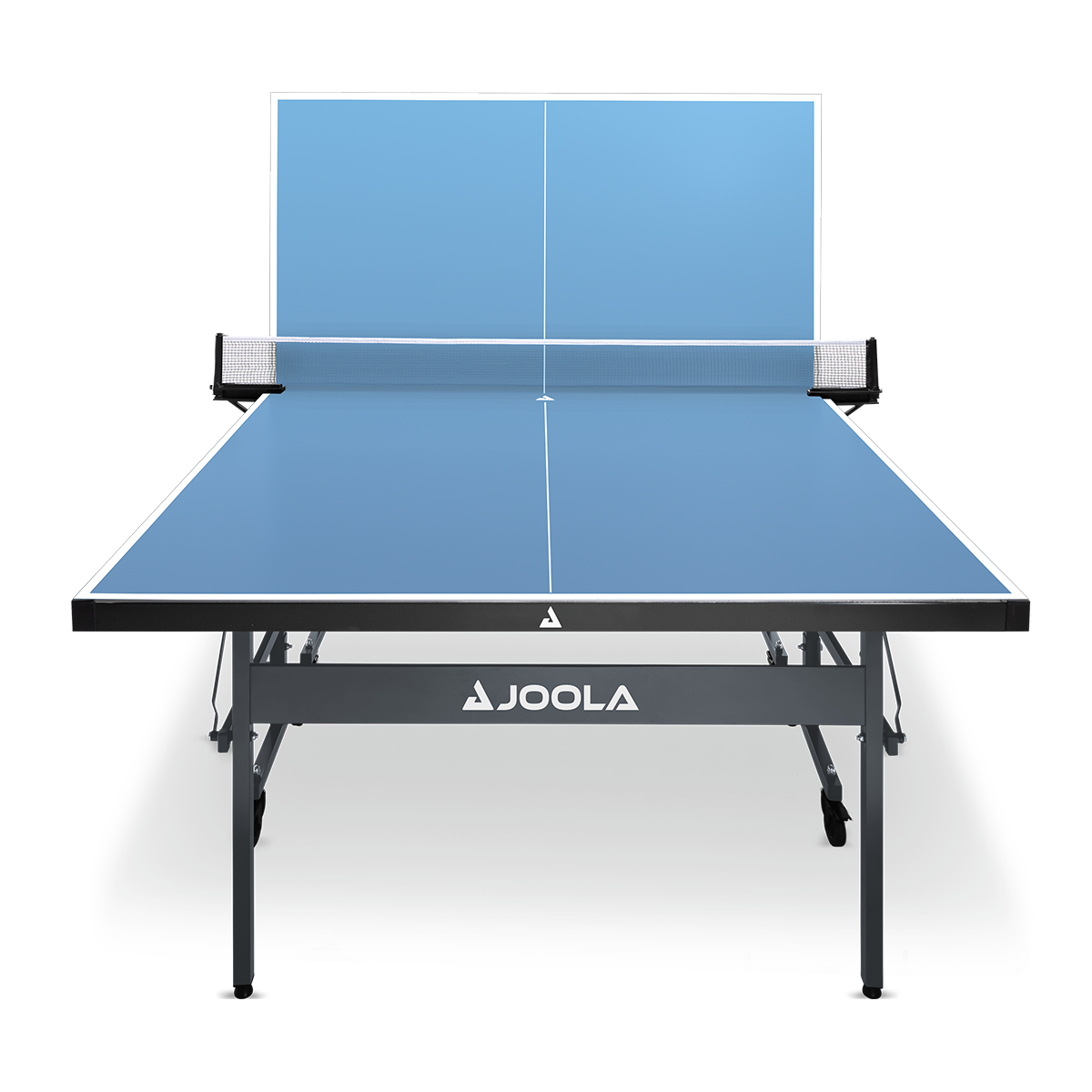 Blue JOOLA table tennis table with net, front view.