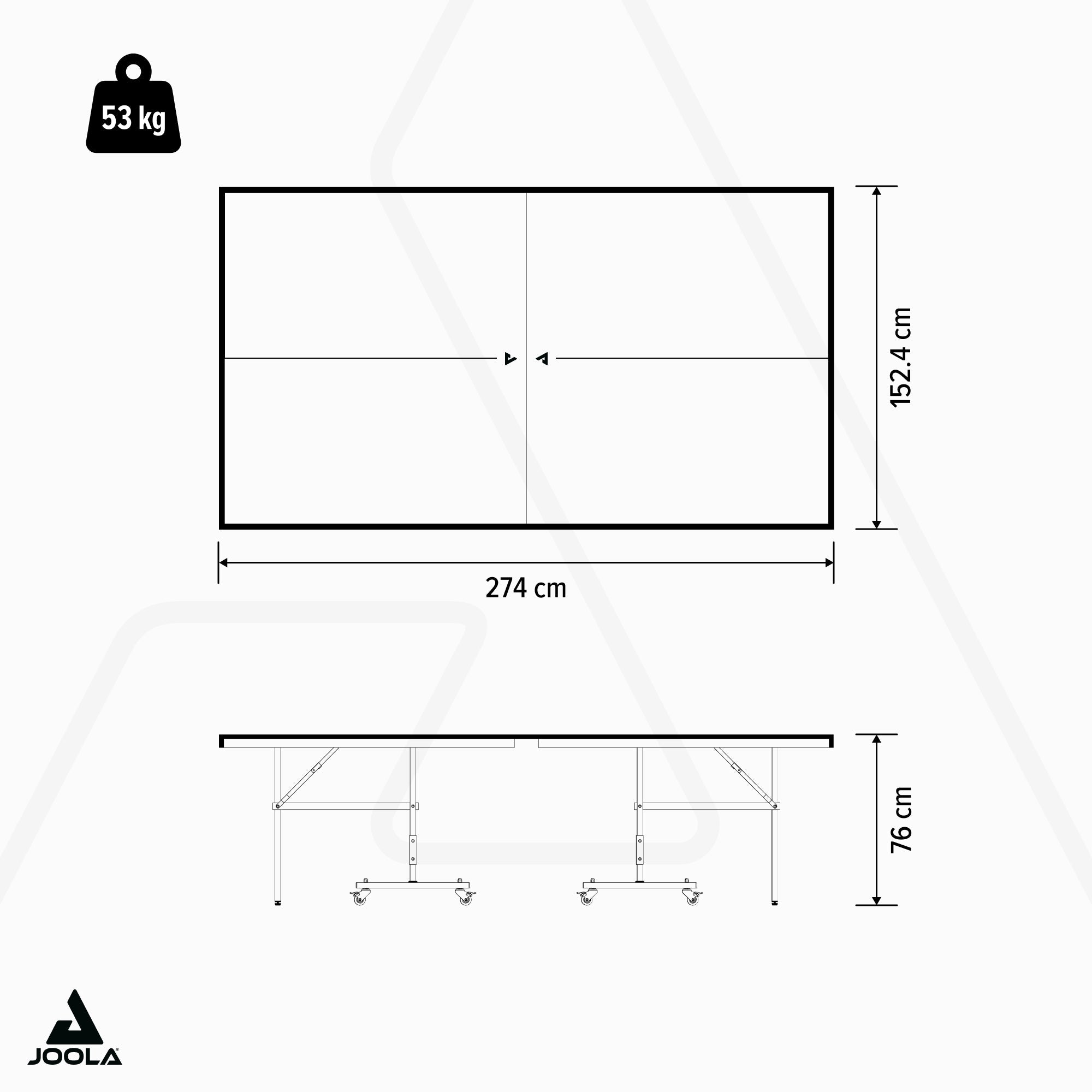 Diagram of a table tennis table with dimensions 274 cm length, 152.4 cm width, 76 cm height, weight 53 kg.