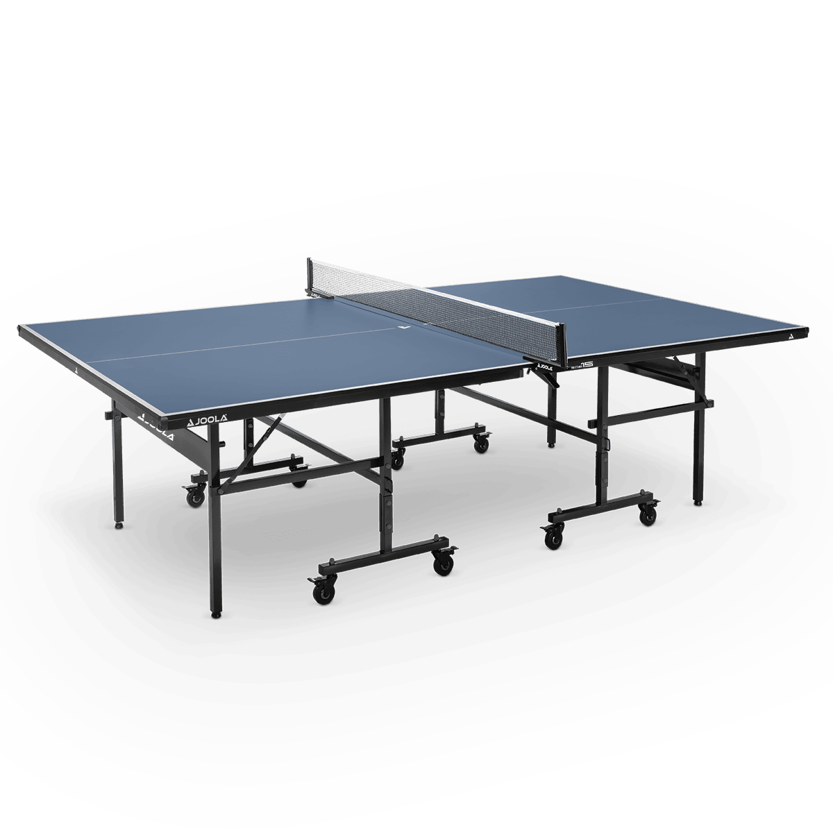 Blue JOOLA table tennis table with black metal frame and net.