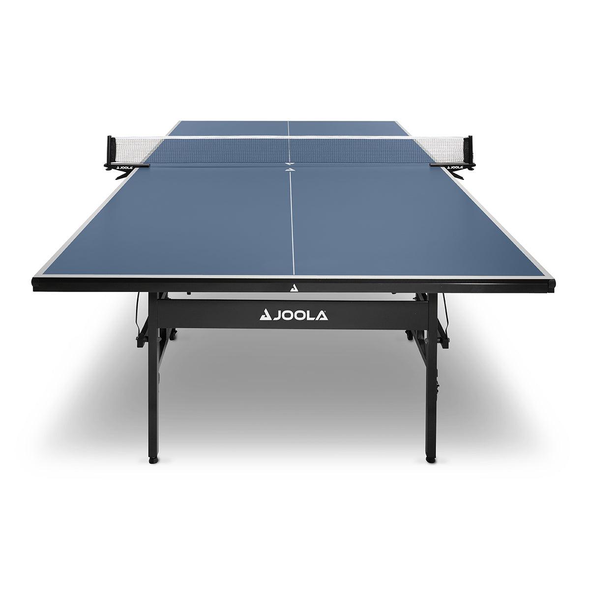 Blue JOOLA table tennis table with net, front view on white background.
