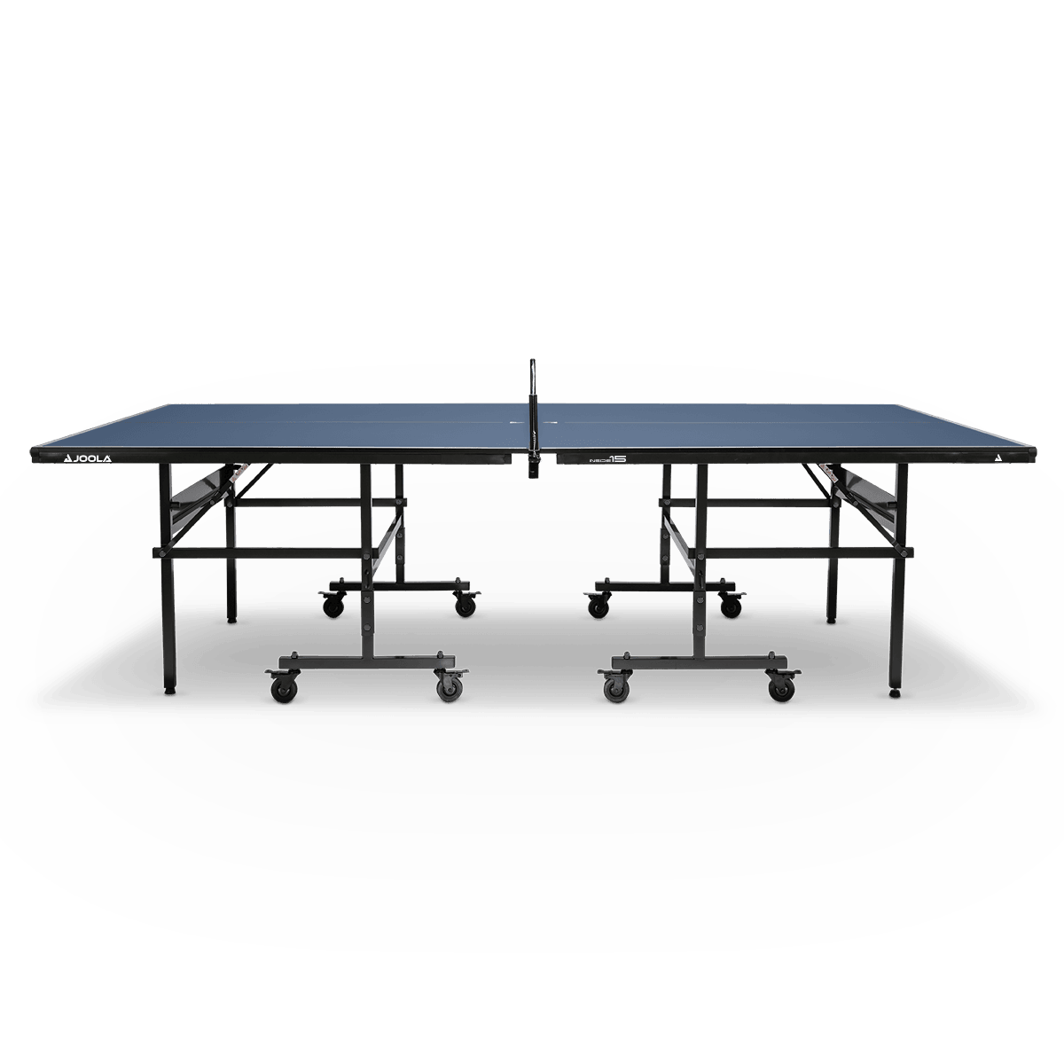 Blue JOOLA table tennis table with black metal frame and wheels, front view.