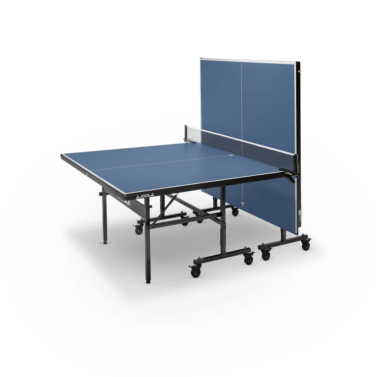 Blue JOOLA table tennis table with foldable playing surface and net, on black background.