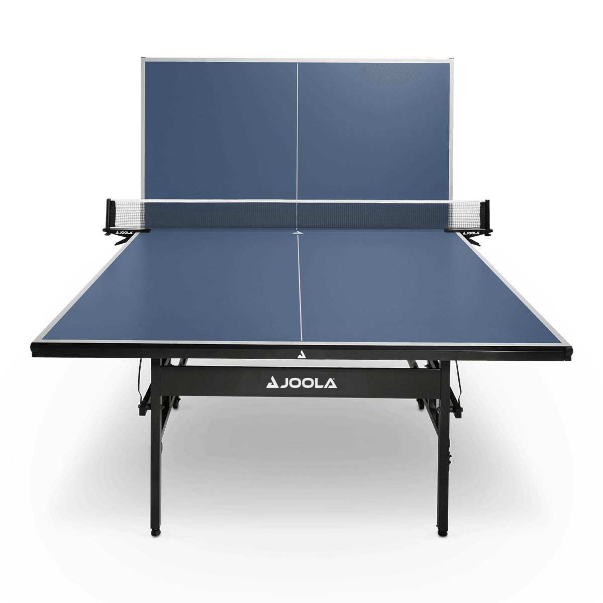 Blue JOOLA table tennis table with net, one half of the playing surface folded up.