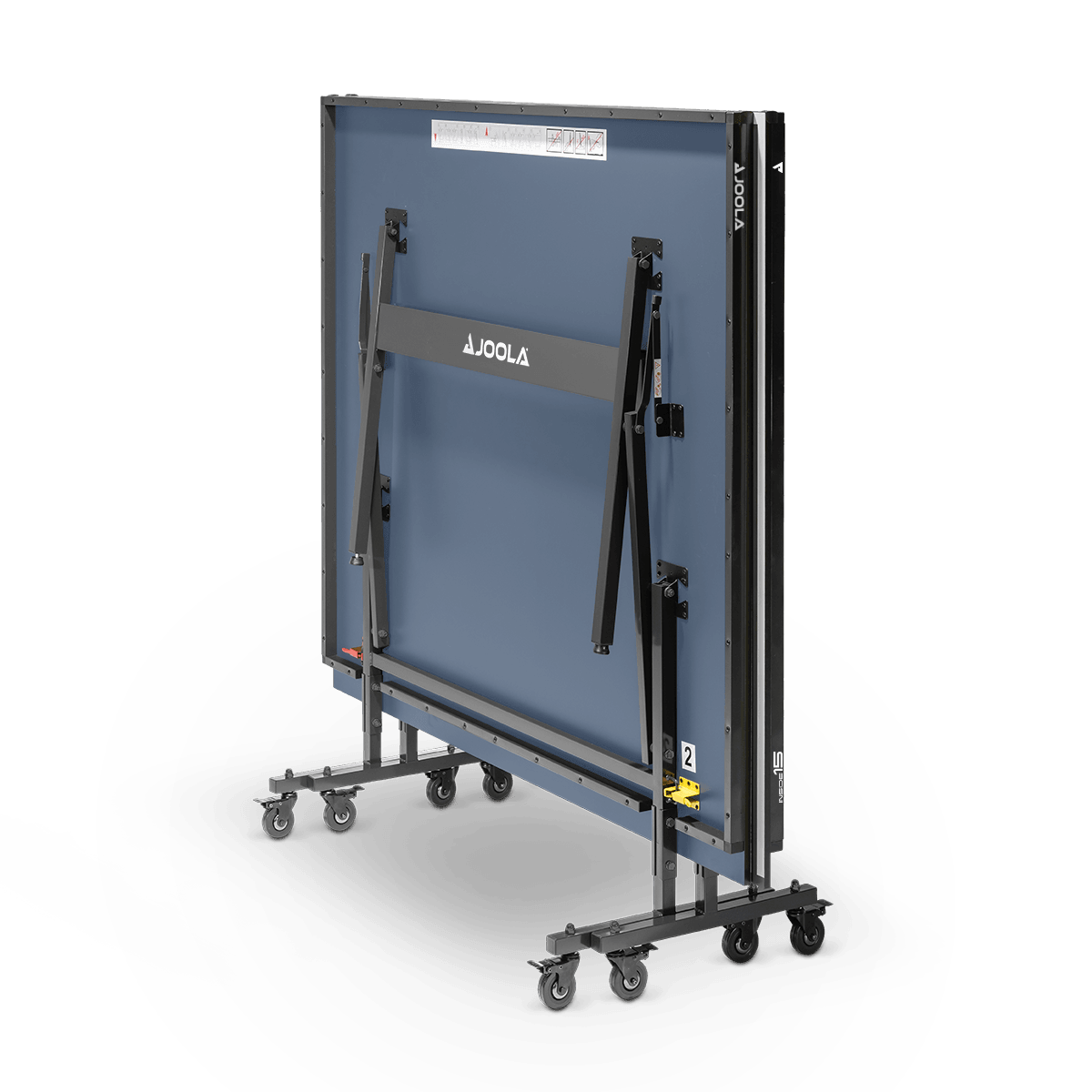Folded blue JOOLA table tennis table with black metal frame and wheels.