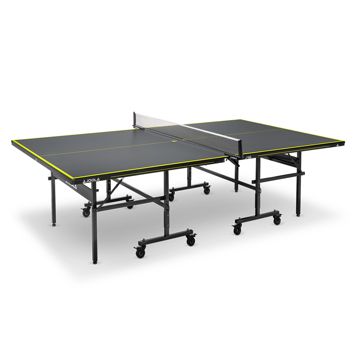 Black JOOLA table tennis table with yellow lines, net, and foldable frame on wheels.