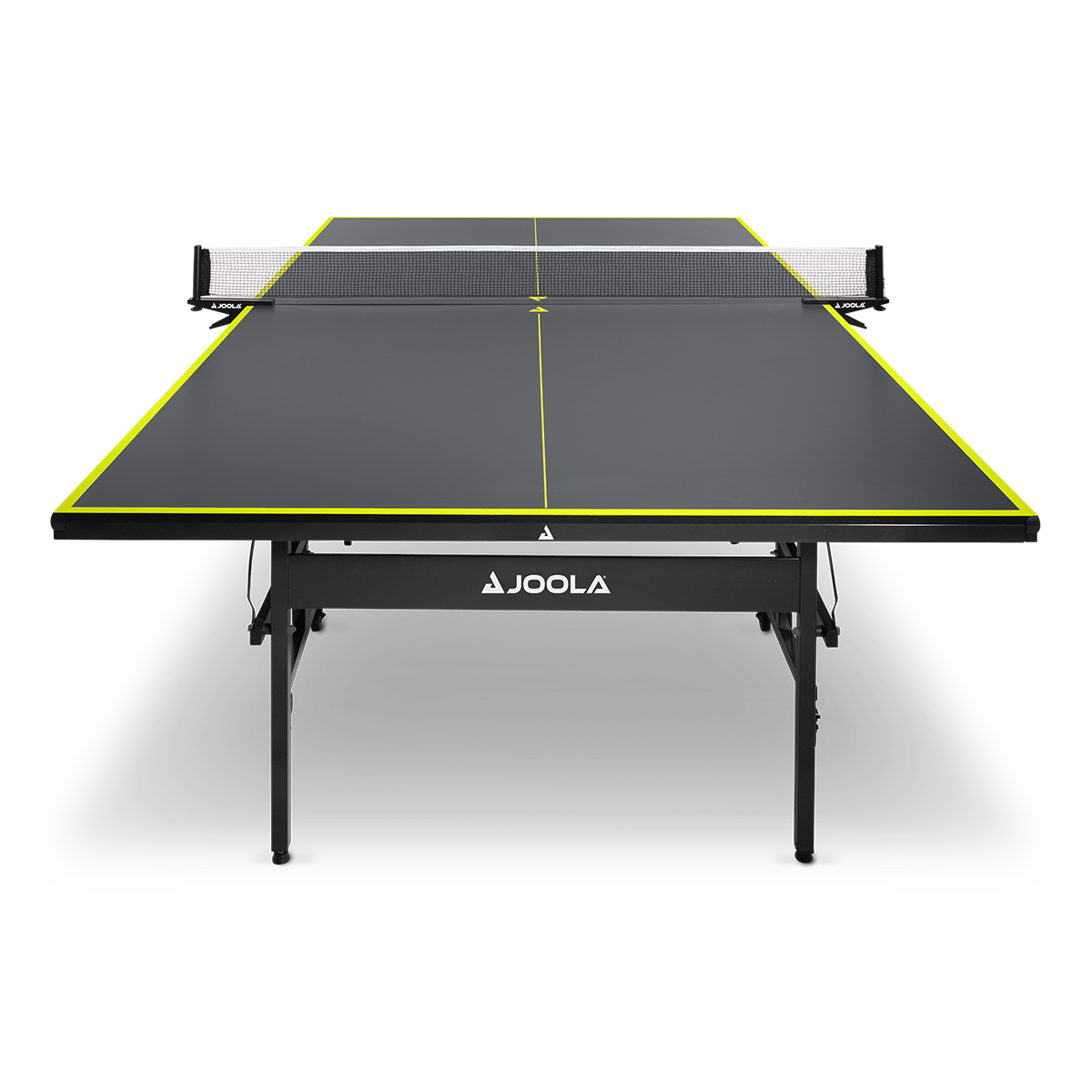 Black JOOLA table tennis table with yellow lines and net, front view.