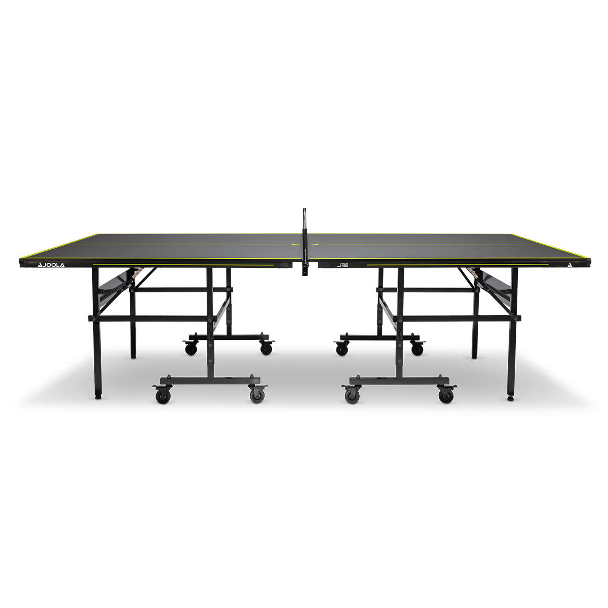 Table tennis table JOOLA J15 black with yellow lines and foldable metal frame on wheels.