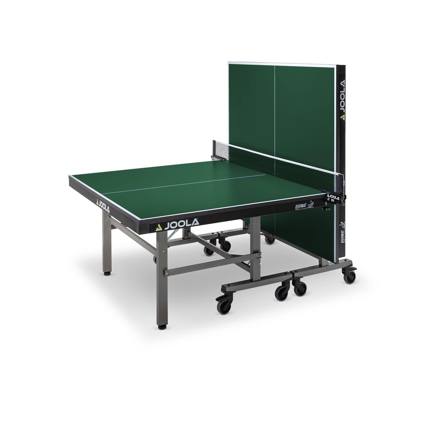 Side view of the JOOLA table tennis table DUOMAT PRO, highlighting the slim shape.