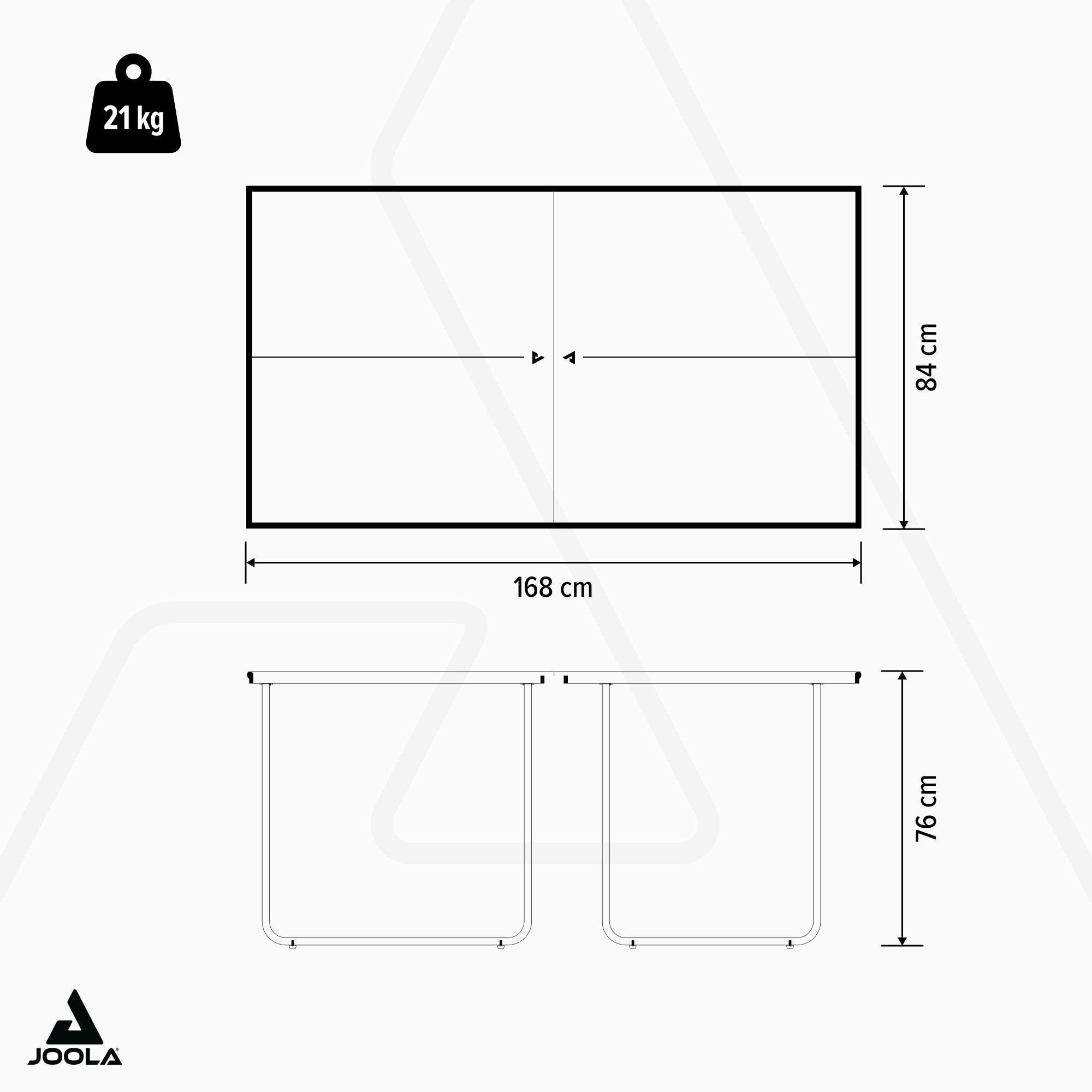 Technical drawing of a table tennis table measuring 168 x 84 x 76 cm and weighing 21 kg.