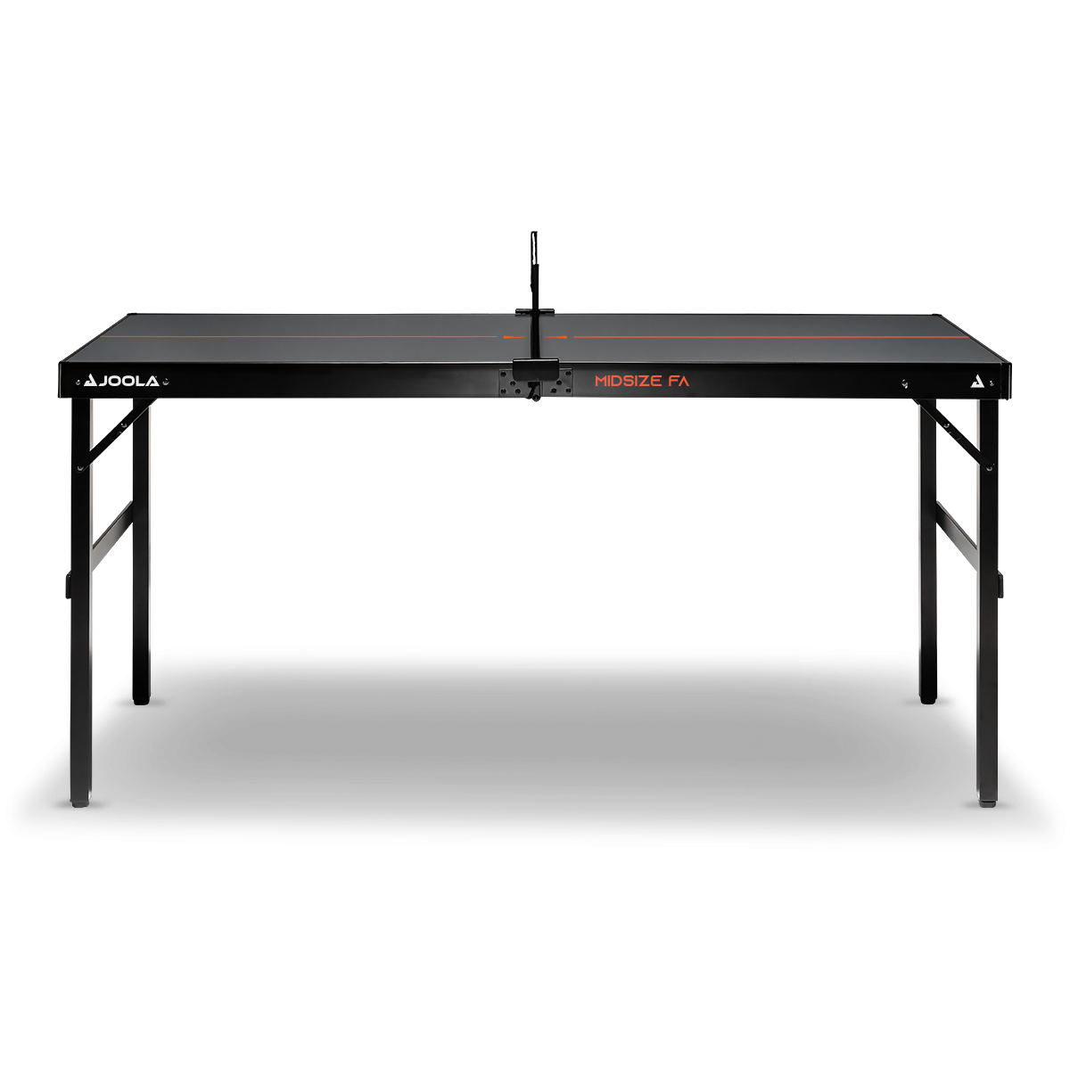 Black JOOLA Midsize FA table tennis table with red court markings and foldable legs.
