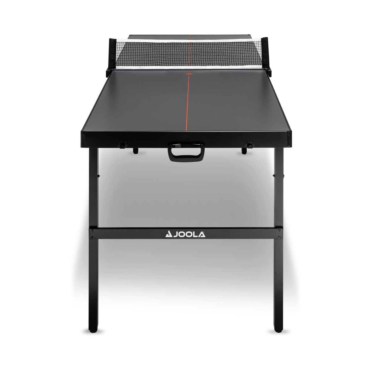 Compact black table tennis table with net and red centre line, brand JOOLA.