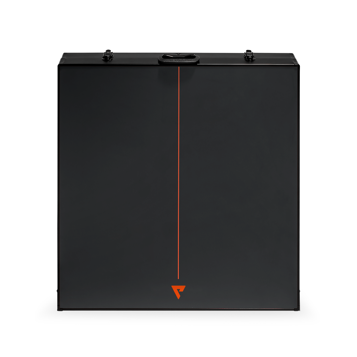 Black, compact case with red stripe and logo, closed front view.