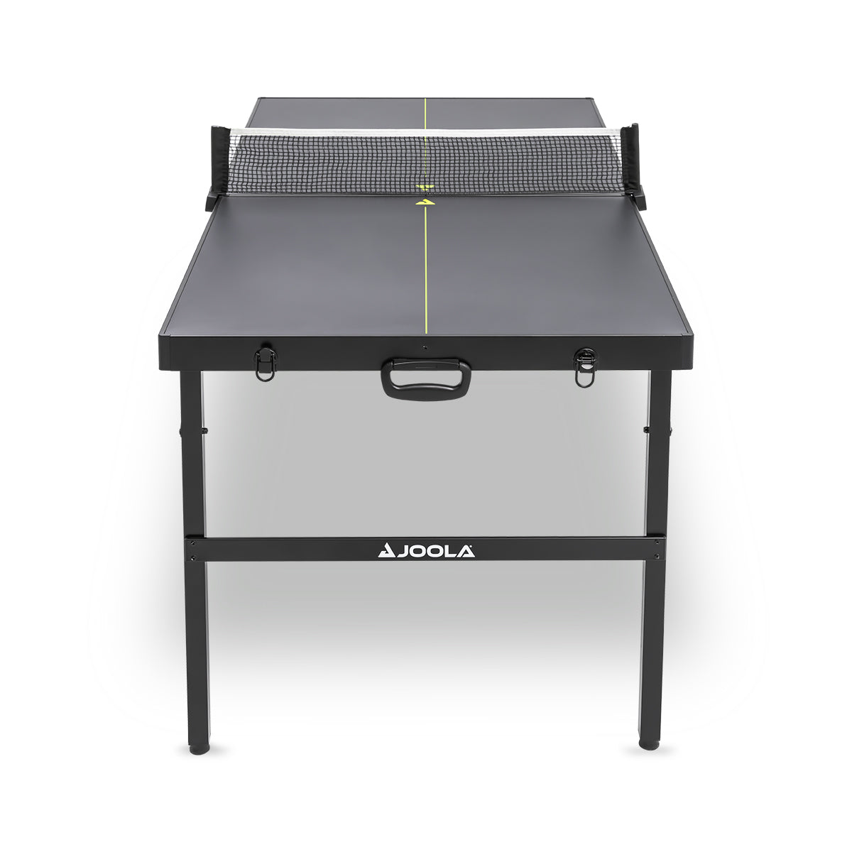 Compact black table tennis table with net and folding legs, brand JOOLA.