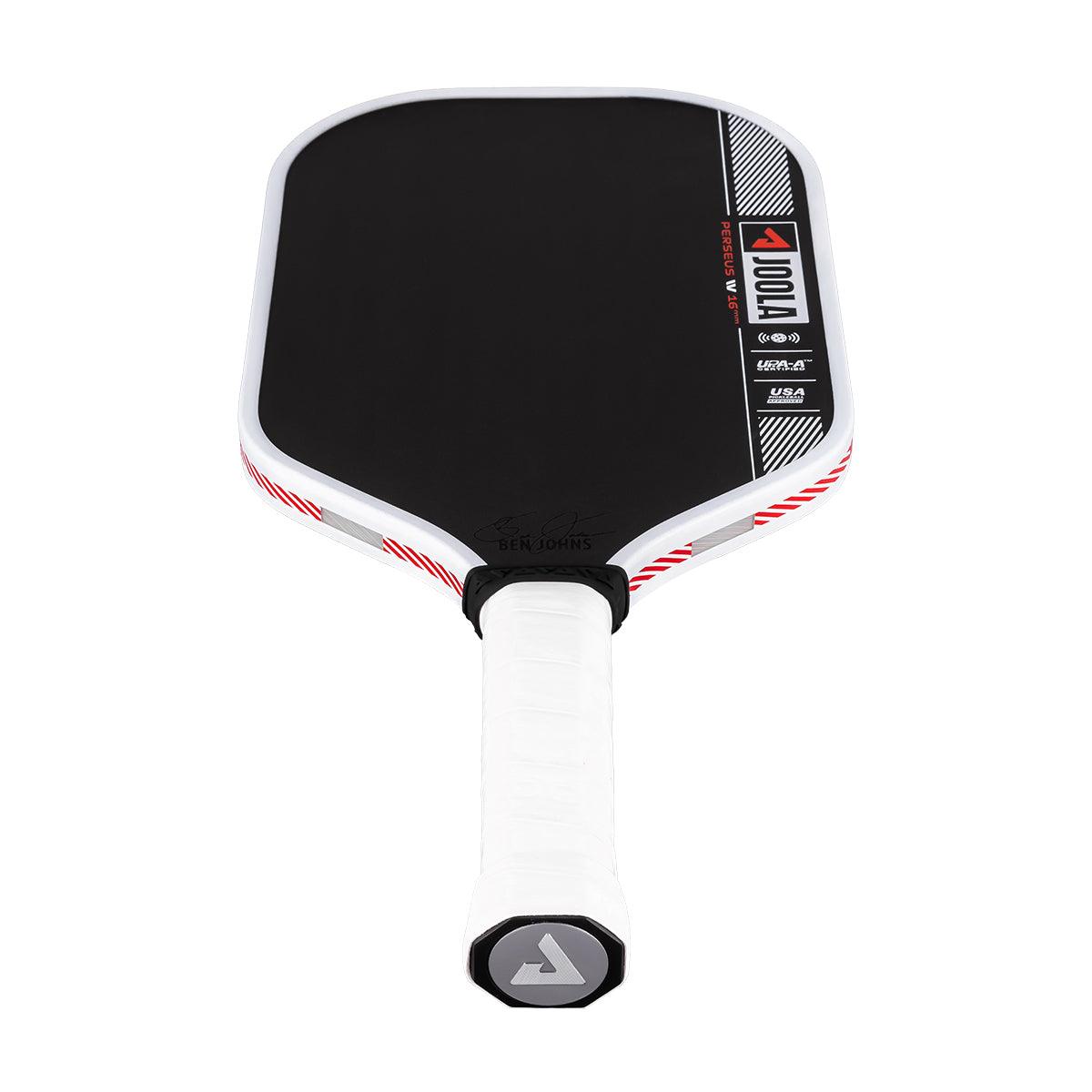Pickleball bat with black hitting surface, white handle, and red accents, model JOOLA Perseus VL 16 mm.