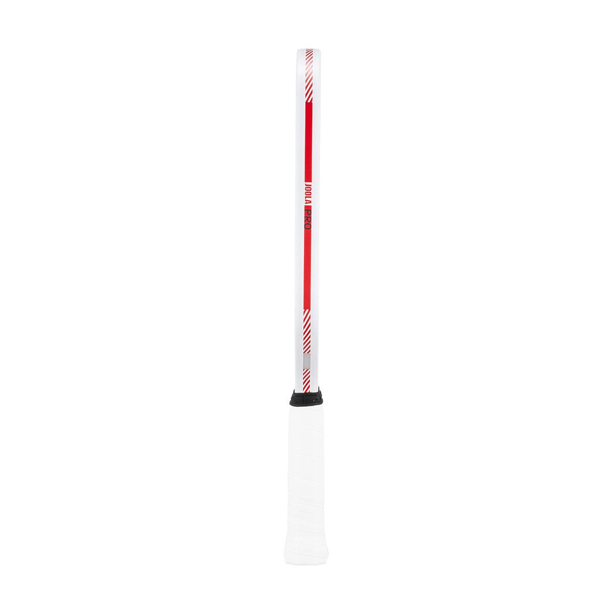 Table tennis bat handle with white grip tape and red JOOLA PRO lettering.