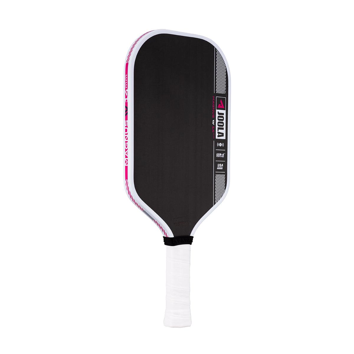 Pickleball bat JOOLA Magnus IV in black with white handle and pink details.