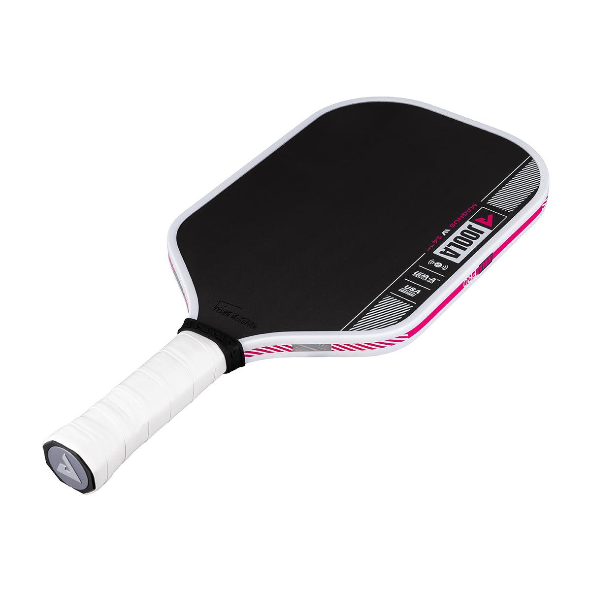 Pickleball bat with black hitting surface, white handle, and pink-white design elements.