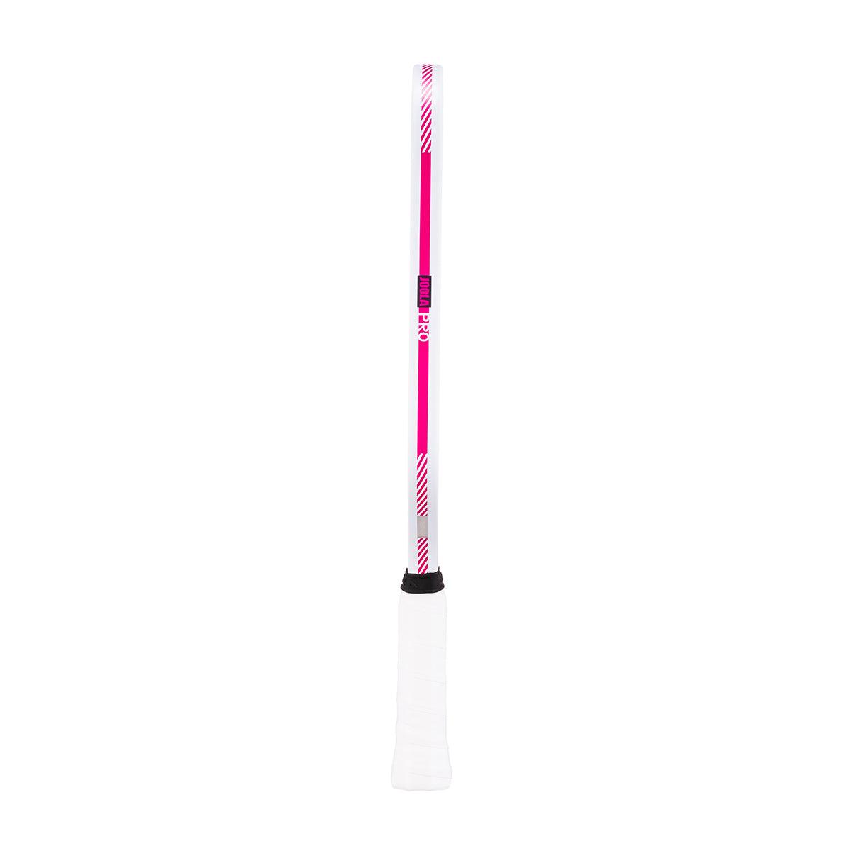 Handle of a white and pink badminton bat with white grip tape.