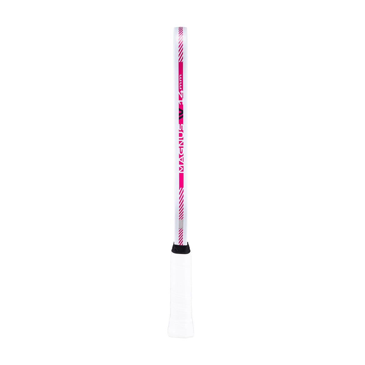 Side view of a white badminton bat with pink accents and a white handle.