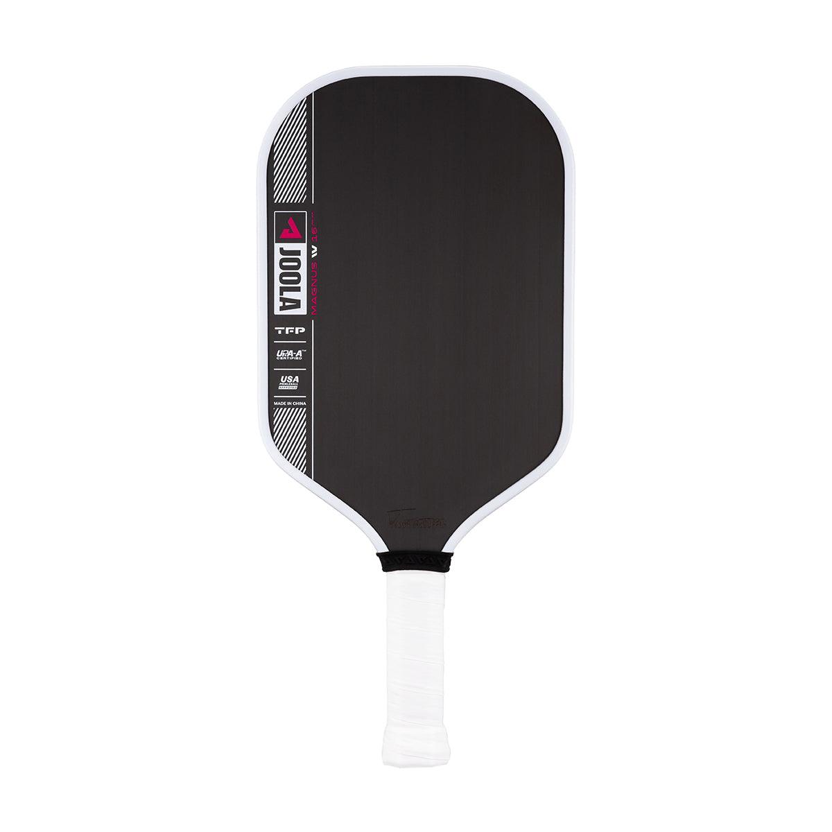 Black Pickleball bat with white handle and white edge.
