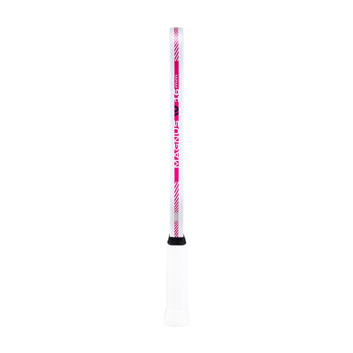 Slim white hockey bat with pink accents and white grip tape, shown frontally.