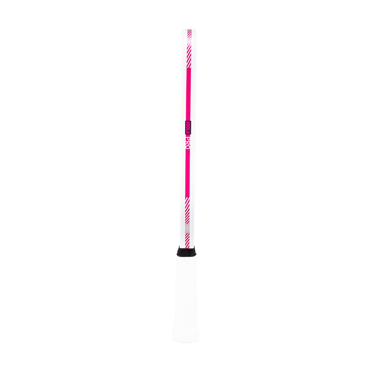 Side view of a white and pink table tennis bat with a black handle end.