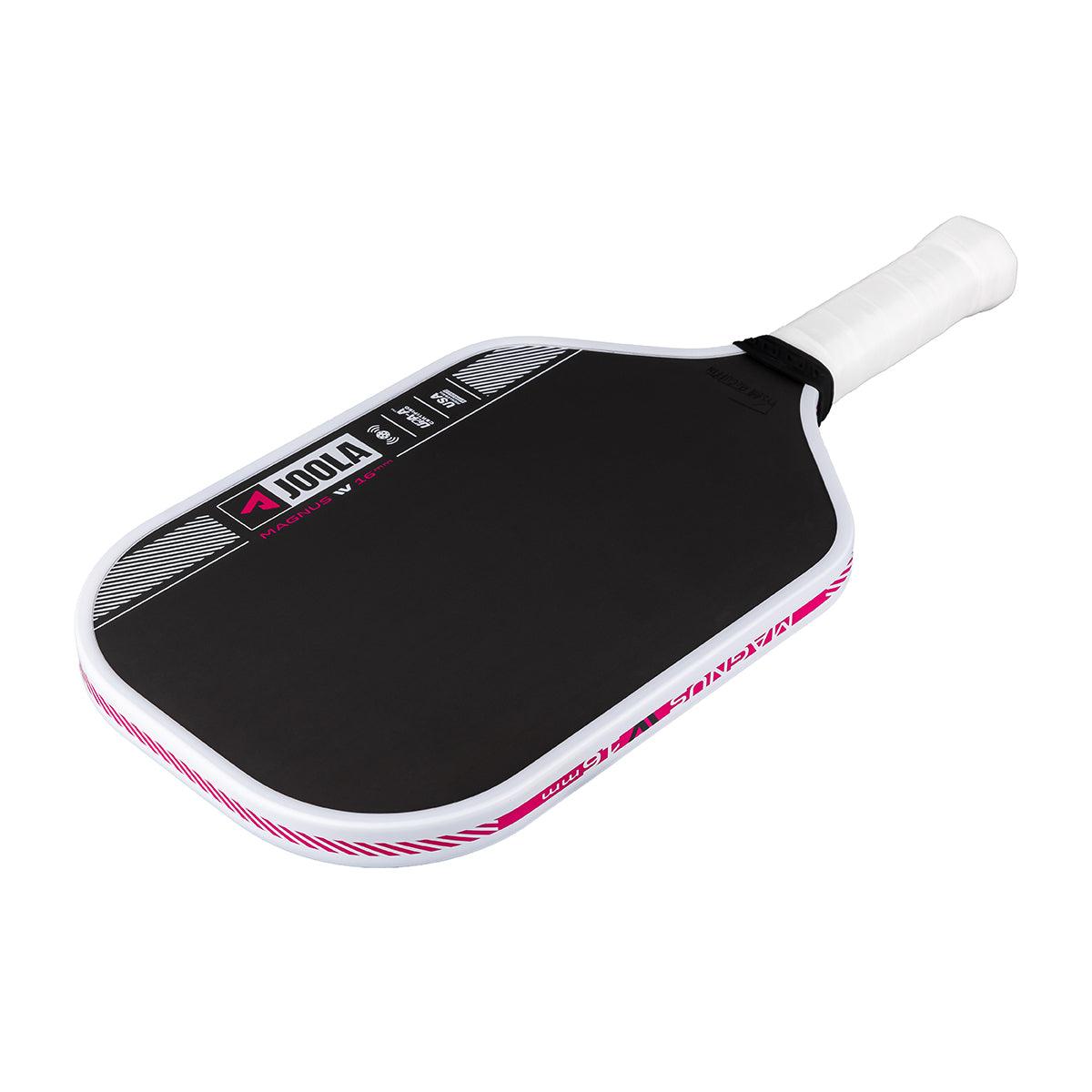 Black JOOLA Magnus IV Pickleball bat with white handle and pink-white edging.