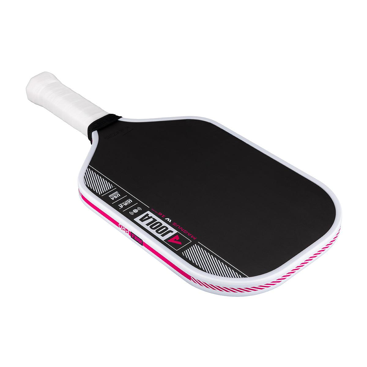 Black JOOLA Pickleball bat with white handle and pink-white edging.