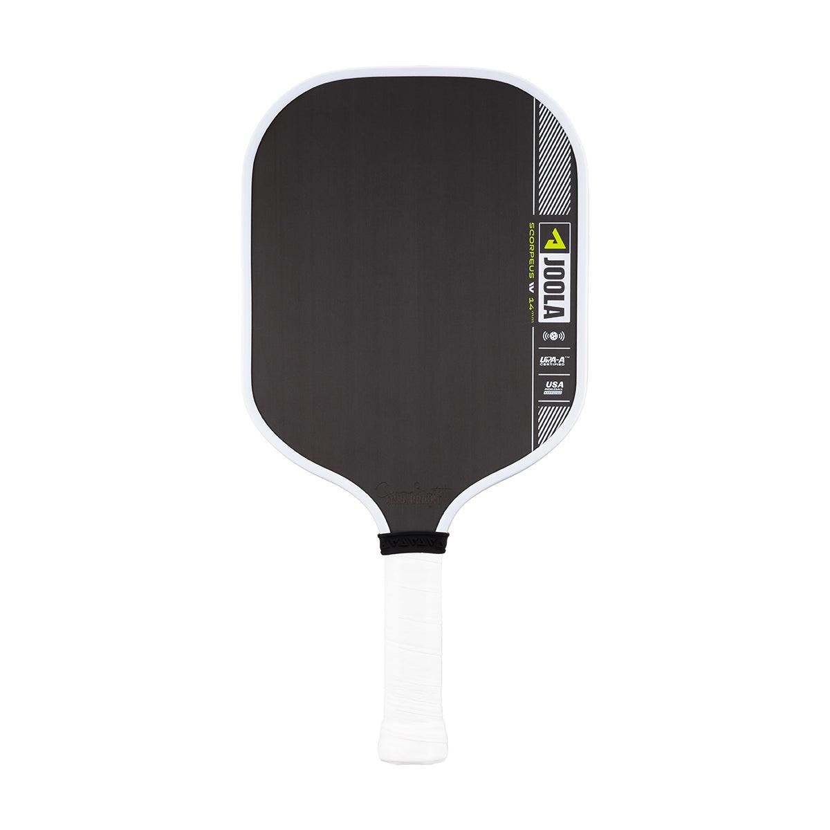 Pickleball bat JOOLA Scorpeus IV with black hitting surface and white handle.