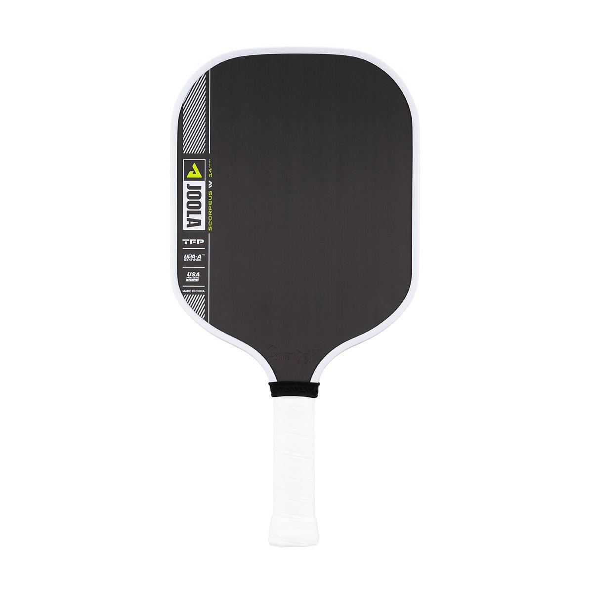Black Pickleball bat with white handle and white edge.