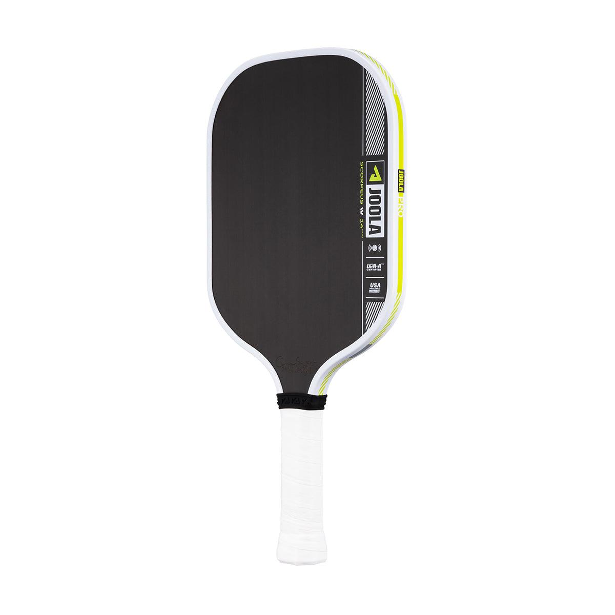 Pickleball bat JOOLA Scorpus VX with black hitting surface and white handle.