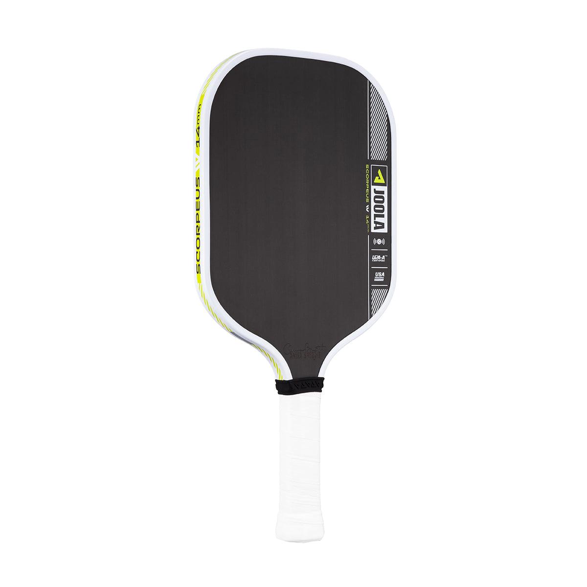 Black Pickleball bat with white handle and yellow accents, brand JOOLA.