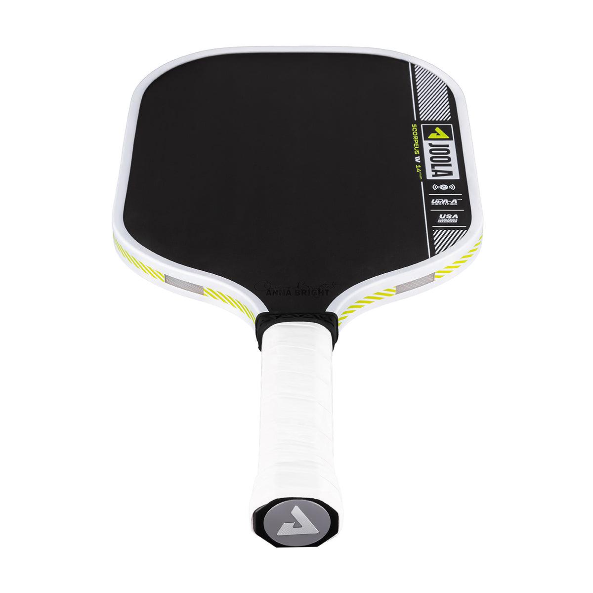 Pickleball bat with black hitting surface and white handle, model JOOLA Scorpeus V.