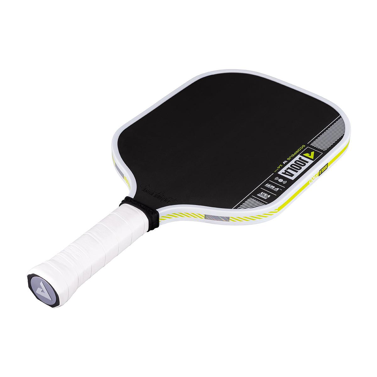 Pickleball bat with black hitting surface and white handle.
