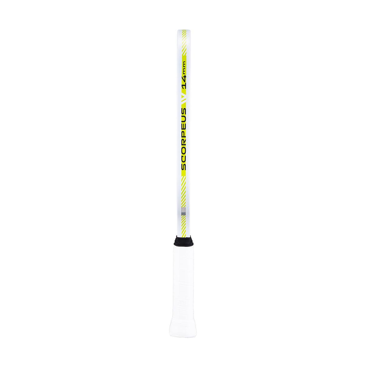 Side view of a white squash bat with yellow-black lettering "SCORPEUS 14 mm".