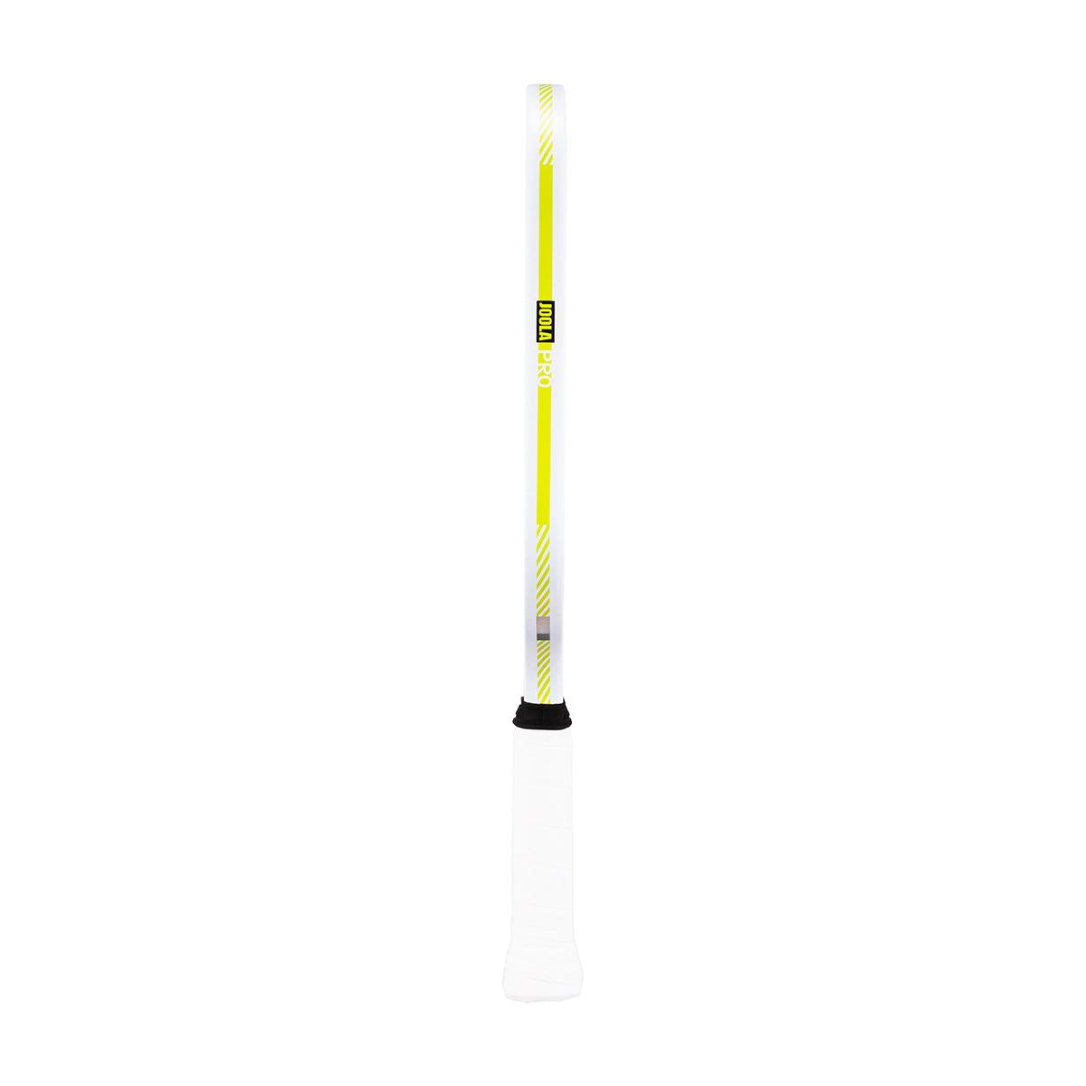 Slim white-yellow table tennis bat handle with black grip tape and JOOLA PRO lettering.